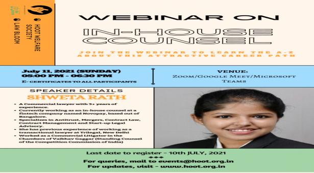Webinar on Career as an In-House Counsel, by Hoot Welfare Society [July 11]: Register by July 10